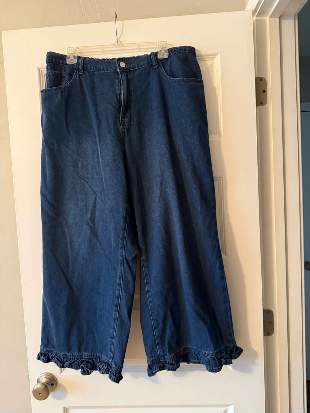 Amazon Womens Dark Blue Wide Leg Ruffle Hem Jeans